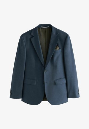 Navyblauwe blazer met een notch-lapels, twee voorkampen en een borstzak. Gemaakt van een gestructureerde stof met een gladde binnenvoering.