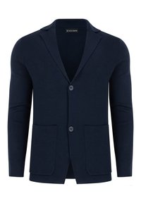 Granatowy sweter-kardigan wykonany z miękkiego materiału, z wyciętym kołnierzem, dwoma przednimi kieszeniami i zapięciem na dwa guziki.