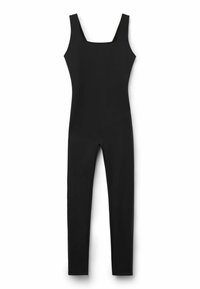 Black sleeveless fitted jumpsuit with a scoop neckline and full-length tapered legs, displayed on a white background.