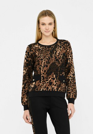 Felpa con stampa leopardata in marrone e nero, dotata di tasche frontali e dettagli decorativi, con scollatura rotonda e polsini a coste.