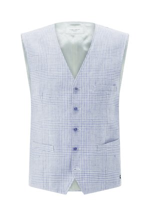 Light blue and white checked men's waistcoat with five buttons and three front pockets, sleeveless with V-neck collar.