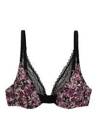 Soutien-gorge noir avec des bordures en dentelle, orné de motifs floraux roses vifs sur un fond beige. Il présente des bonnets triangulaires et des bretelles fines réglables.