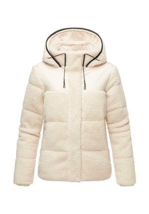 Veste à capuche couleur crème avec une texture douce et moelleuse et des parties matelassées, avec des cordons réglables sur la capuche.