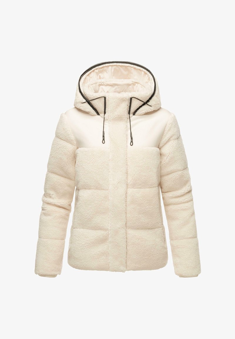 Veste à capuche couleur crème avec une texture douce et moelleuse et des parties matelassées, avec des cordons réglables sur la capuche.