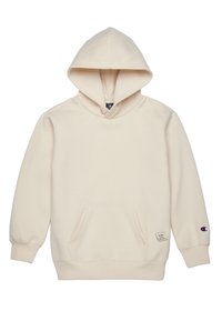 Beige huvtröja med framficka, ribbade ärmslut och liten Champion-logga på vänster ärm och nederkant.