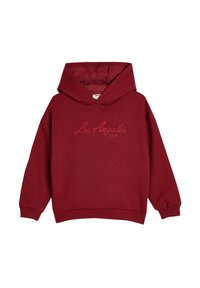 Felpa con cappuccio bordeaux che presenta una tasca a marsupio, polsini a coste e il testo ricamato "Los Angeles" sul petto. Tessuto morbido.
