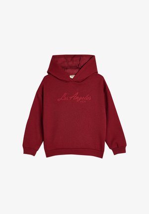 Felpa con cappuccio bordeaux che presenta una tasca a marsupio, polsini a coste e il testo ricamato "Los Angeles" sul petto. Tessuto morbido.