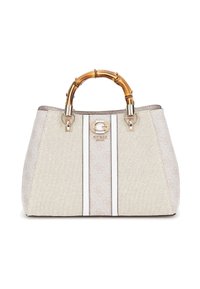 Beżowa torebka o strukturze z uchwytem z bambusa, z podwójnymi białymi paskami i złotymi akcesoriami z logo. Symetryczna forma z usztywnioną konstrukcją.
