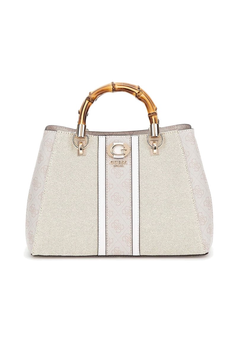 Beżowa torebka o strukturze z uchwytem z bambusa, z podwójnymi białymi paskami i złotymi akcesoriami z logo. Symetryczna forma z usztywnioną konstrukcją.