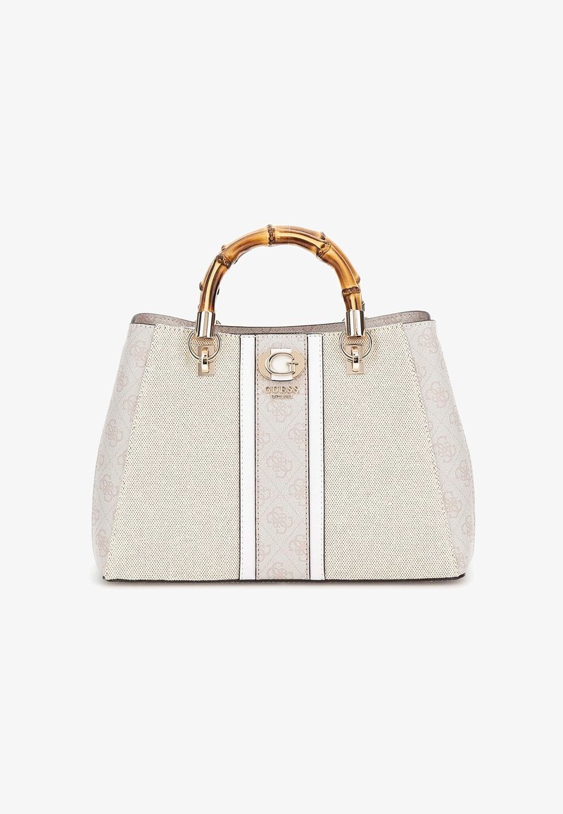 Beżowa torebka o strukturze z uchwytem z bambusa, z podwójnymi białymi paskami i złotymi akcesoriami z logo. Symetryczna forma z usztywnioną konstrukcją.