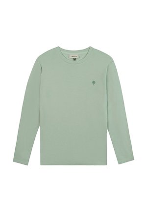 Lichtgroen shirt met lange mouwen en een ronde hals, met een klein boomlogo op de linkerborst en een zichtbaar merketiket aan de binnenkant van de kraag.