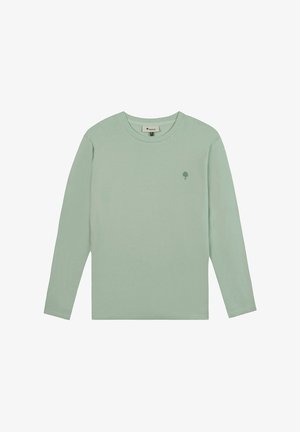 Lichtgroen shirt met lange mouwen en een ronde hals, met een klein boomlogo op de linkerborst en een zichtbaar merketiket aan de binnenkant van de kraag.
