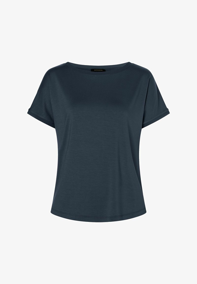 Dunkelblaues, kurzärmliges T-Shirt mit abgerundetem Saum und lockerer Passform. Hergestellt aus weichem, leichtem Stoff. Glatte Textur, keine sichtbaren Muster.