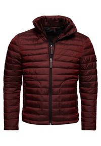 Vínová péřová bunda s horizontálním prošíváním, předním zipem a nastavitelnou kapucí. Materiál působí hladce a je zateplený.