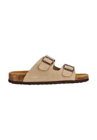 Beige mockaskinnsandaler med två justerbara spännen, korkmellansula, texturerad brun sula och minimalistisk design.