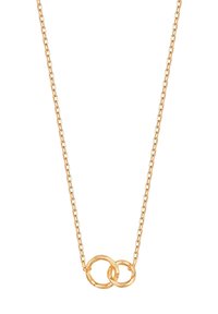 Złoty naszyjnik z delikatnym łańcuszkiem i dwoma przeplatającymi się okrągłymi zawieszkami o młotkowanej fakturze.