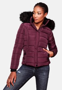 Maroon puffer jacket with a faux fur hood, quilted design, side pockets, and a front zipper. Textured fabric and ribbed cuffs detail.