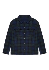 Camicia di flanella a quadri blu scuro e verde, con colletto, due tasche sul petto e bottoni sul davanti.