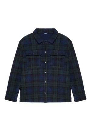 Camicia di flanella a quadri blu scuro e verde, con colletto, due tasche sul petto e bottoni sul davanti.