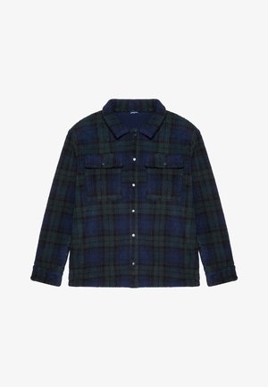 Camicia di flanella a quadri blu scuro e verde, con colletto, due tasche sul petto e bottoni sul davanti.