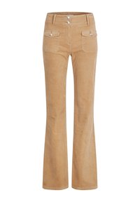 Pantalones de pana beige con textura suave, que cuentan con bolsillos frontales y dos cierres de botón en la cintura.