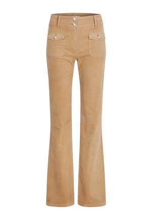 Pantaloni a zampa d'elefante di colore beige in corduroy morbido, dotati di tasche frontali e due bottoni in vita per la chiusura.