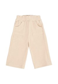 Lichtbeige corduroy broek met een elastische tailleband en twee frontzakken, met een wijdere pijpontwerp en zachte textuur.