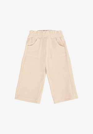 Lichtbeige corduroy broek met een elastische tailleband en twee frontzakken, met een wijdere pijpontwerp en zachte textuur.
