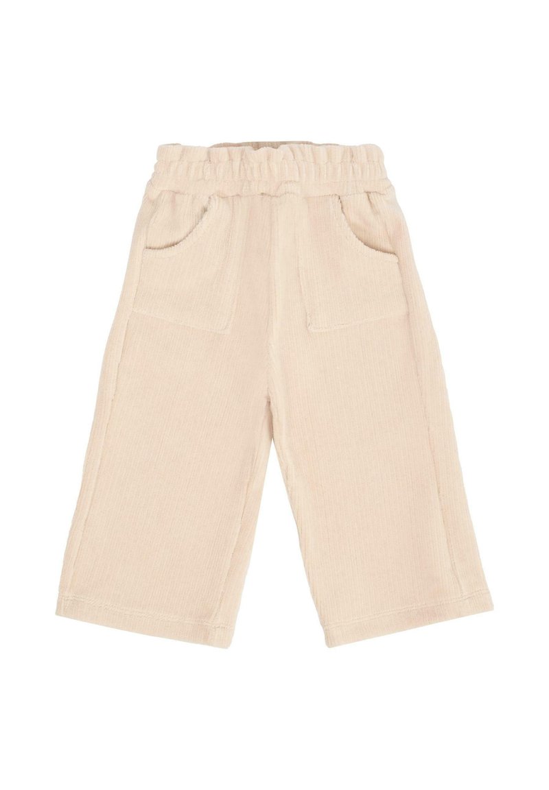 Lichtbeige corduroy broek met een elastische tailleband en twee frontzakken, met een wijdere pijpontwerp en zachte textuur.