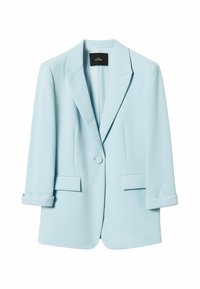 Blazer azzurro chiaro realizzato in tessuto liscio, con chiusura a un bottone, rever a punta e polsini arrotolati, completo di due tasche frontali.