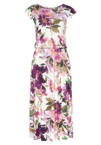 Blumenkleid im Maxiformat aus weichem Stoff mit lila, rosa und grünen Mustern. Kurze Ärmel, runder Ausschnitt und elastischer Bund für eine passende Silhouette.