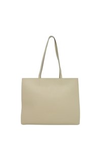 Borsa tote in ecopelle beige con due manici lunghi, texture liscia e design minimalista; presenta un logo discreto nella parte inferiore.
