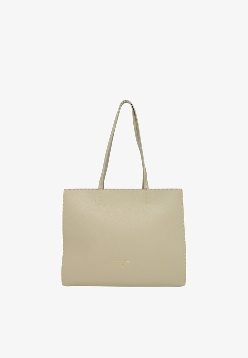 Borsa tote in ecopelle beige con due manici lunghi, texture liscia e design minimalista; presenta un logo discreto nella parte inferiore.