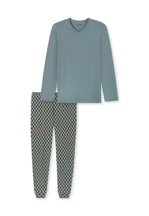 Lange mouw teal V-hals top gecombineerd met gemustreerde broek met een ruitpatroon in gedempte blauw, bruin en crème kleuren. Zachte stof.