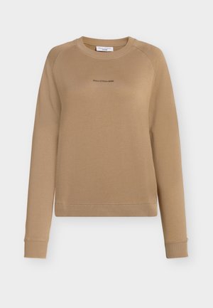 Felpa beige con maniche lunghe, scollo rotondo e cuciture a raglan. Presenta un logo discreto in una tonalità più scura sul davanti. Tessuto dalla texture liscia.
