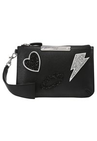 Pochette synthétique noire avec ferrures argentées, ornée d'appliqués brillants en forme de cœur, lèvres et éclair. Bandoulière réglable incluse.