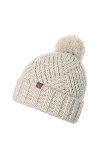 Dziecięca czapka dzianinowa w kolorze off-white, z teksturowanym wzorem, ściągaczem na dole i pomponem na szczycie. Zawiera małą skórzaną metkę z logo.