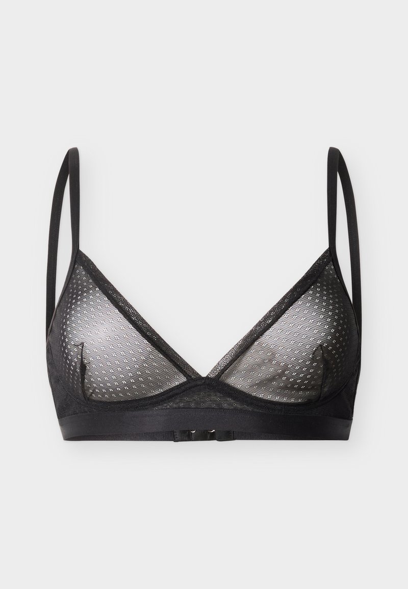 Μαύρο σουτιέν τύπου bralette από διχτυωτό ύφασμα με λεπτές ρυθμιζόμενες τιράντες, τριγωνικά cups με διακριτικό πουά σχέδιο και κλείσιμο με αγκράφα μπροστά.