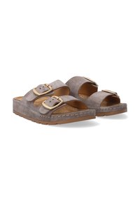 Gray suede sandals with two adjustable straps, gold buckles, a textured insole, and a lightweight, flat sole with stitching details.