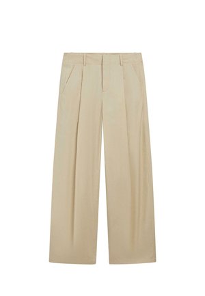 Beige bukser med høj talje og vide ben, foran med plisseringer, sidelommer, bæltestropper og skjult lynlås foran.