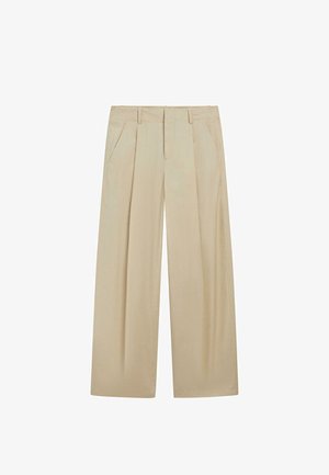 Beige bukser med høj talje og vide ben, foran med plisseringer, sidelommer, bæltestropper og skjult lynlås foran.