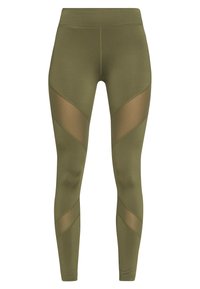 Leggings verde oliva con inserciones de malla transparente, que presentan un diseño ajustado, una cinturilla ancha y líneas de corte en diagonal para un detalle adicional.