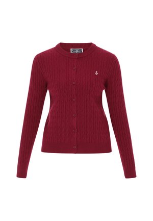 Cardigan rosso a maglia intrecciata con scollo rotondo, maniche lunghe, chiusura a bottoni e un piccolo dettaglio ricamato a forma di ancora sul petto.