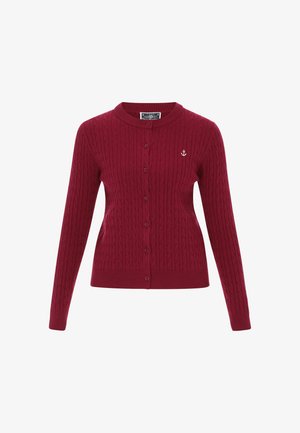 Cardigan rosso a maglia intrecciata con scollo rotondo, maniche lunghe, chiusura a bottoni e un piccolo dettaglio ricamato a forma di ancora sul petto.
