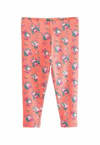 Leggings floreali in corallo con una texture a coste, caratterizzati da un motivo di fiori rosa e gialli con foglie verdi, vita elastica.