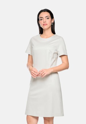 Woman with long dark hair wears a short-sleeve, knee-length, light gray fitted dress standing against a plain white background.