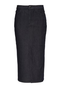 Donker denim kokerrok met een hoge taille, voorzien van voorzakken, een enkele knoopsluiting en een zoom op knielengte. Gladde textuur.