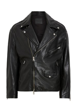 Black leather motorcycle jacket with silver zippers, snap buttons, and multiple pockets. Features a wide collar and a fitted cut.