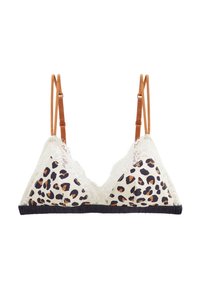 Soutien-gorge triangulaire en tissu imprimé léopard crème et noir, avec des finitions en dentelle et une bande unie noire. Bretelles ajustables marron pour un meilleur maintien.