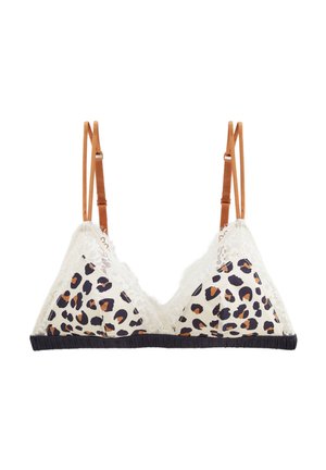 Soutien-gorge triangulaire en tissu imprimé léopard crème et noir, avec des finitions en dentelle et une bande unie noire. Bretelles ajustables marron pour un meilleur maintien.